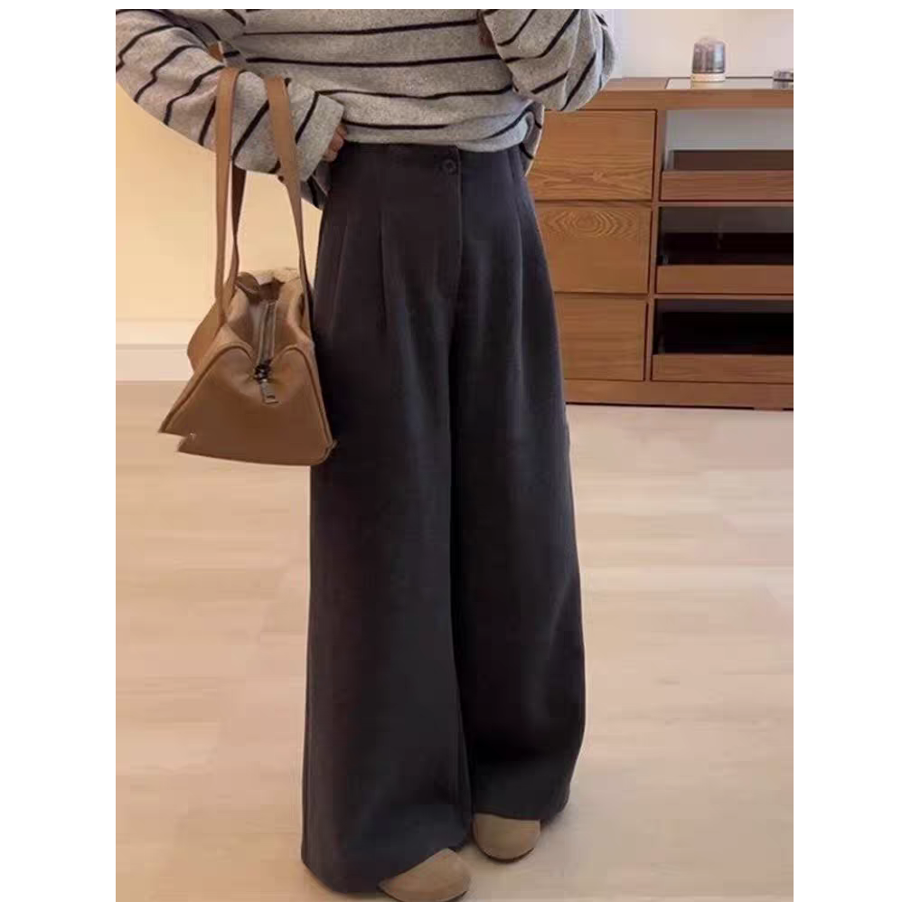 【现货➕运费险】慵懒高级感灰色毛呢裤子女款高腰直筒裤阔腿裤