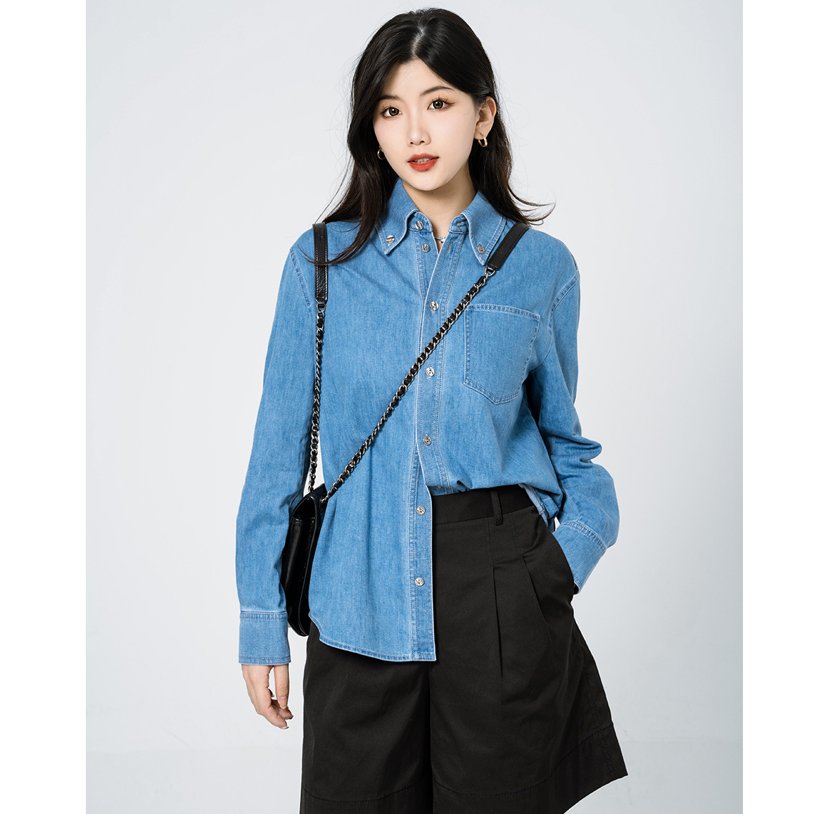 GIRDEAR/哥弟新款百搭蓝色水洗长袖牛仔衬衫衬衣女女款1300939