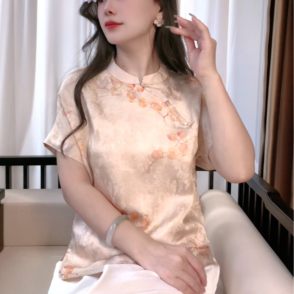 夏季新中式桑蚕丝盘扣立领短袖提花时尚中国风百搭气质短袖女S205