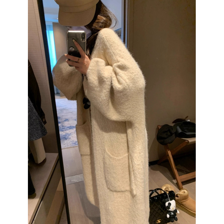 KNJ小个子定制韩系软糯慵懒中长款针织开衫秋冬加厚宽松毛衣外套