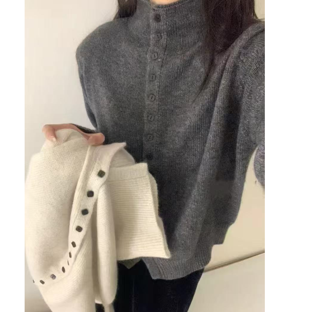 【气质小方扣】高级感灰色半高领毛衣开衫女爆款超好看内搭针织上衣