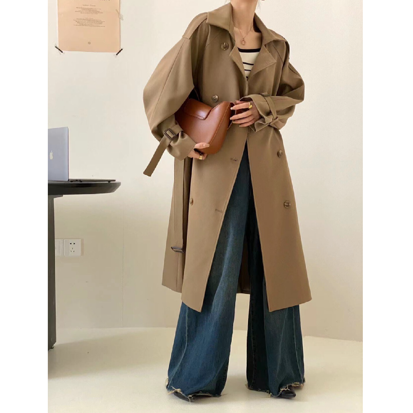 风衣外套女2025春秋新款中长款垂感英伦风百搭双排扣收腰气质大衣
