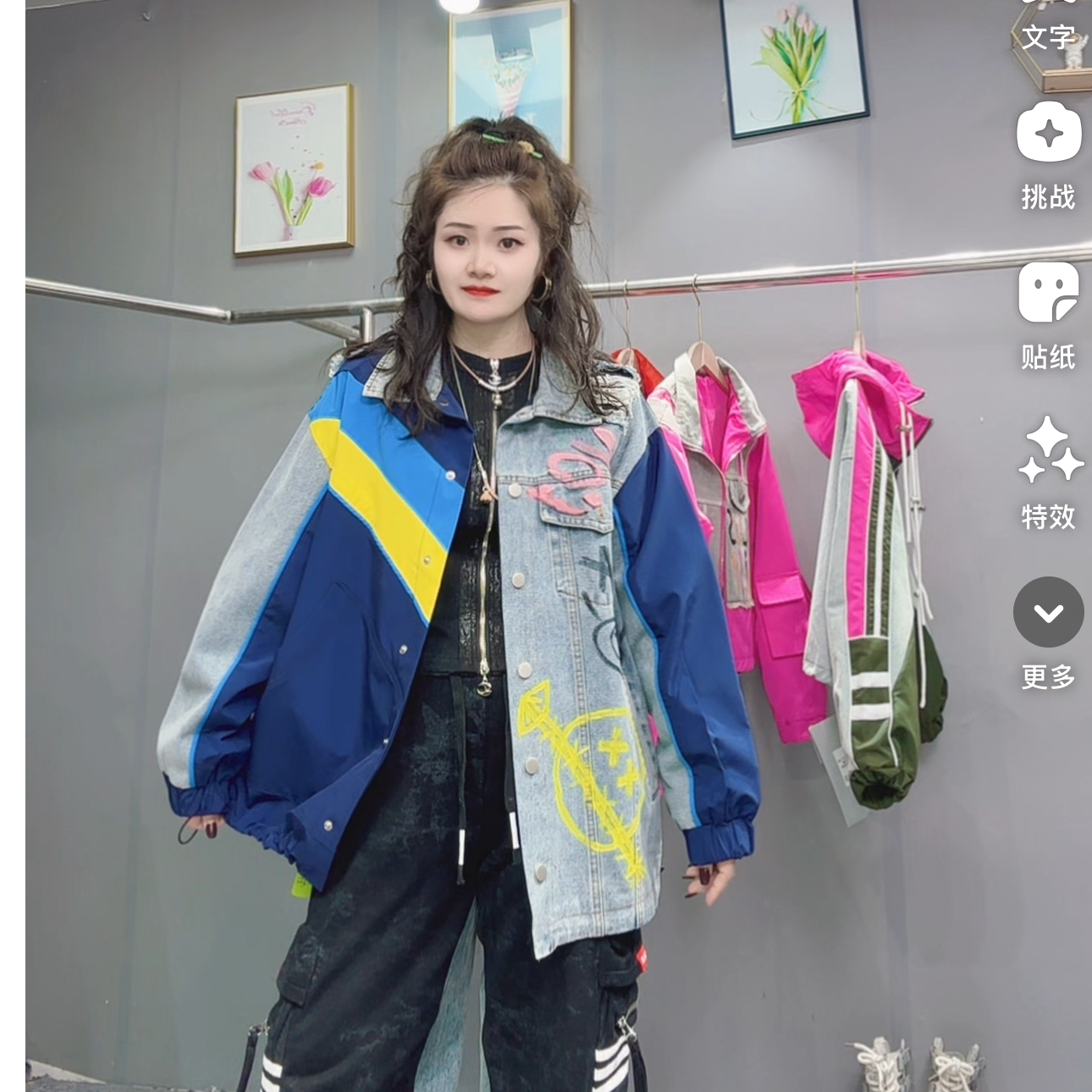 26016#7+春季印花拼接拼色牛仔POLO领外套
