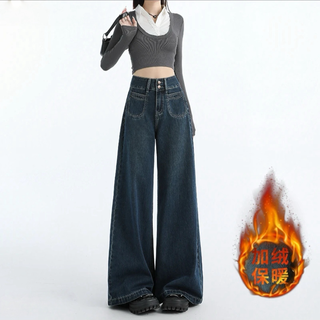 【单裤/加绒】8999秋冬新款美式复古宽松牛仔裤阔腿裤直筒裤女.麦4