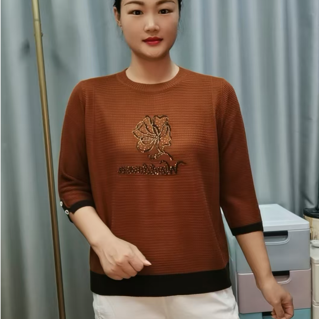 2025早秋新款妈妈装圆领中袖针织衫中老年女装针织线衫宽松显瘦