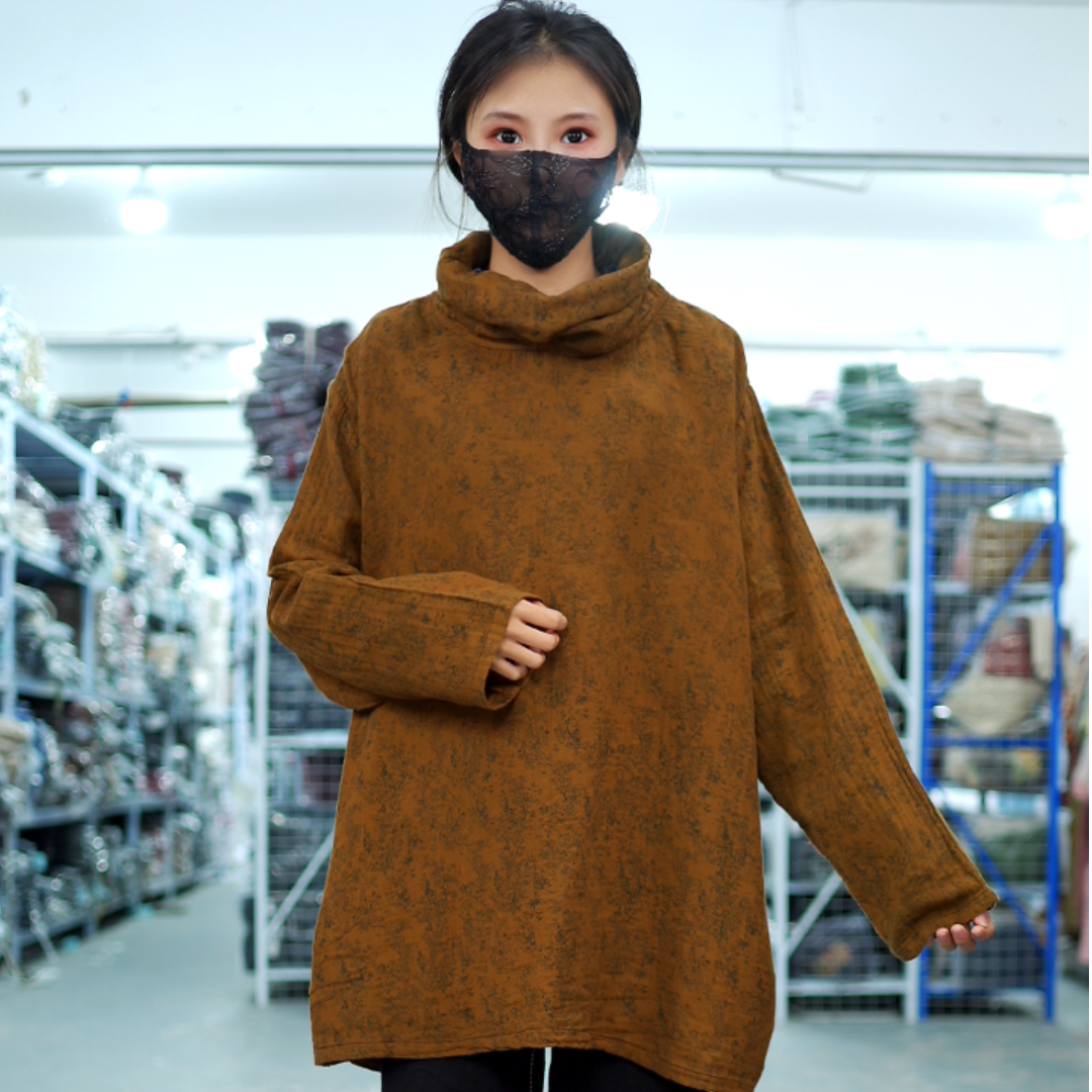 花璟与麻原创设计款印花堆堆领打底上衣（衣长73-81胸围140）