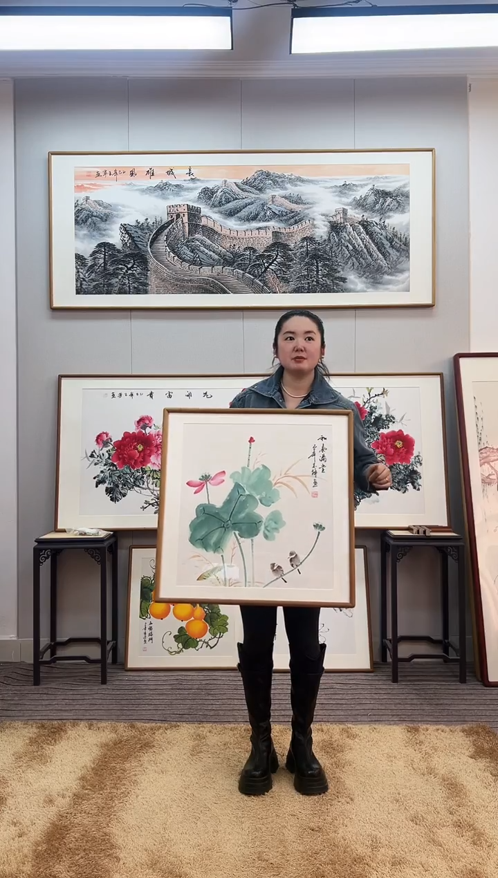 国画手绘荷花62*62尺寸