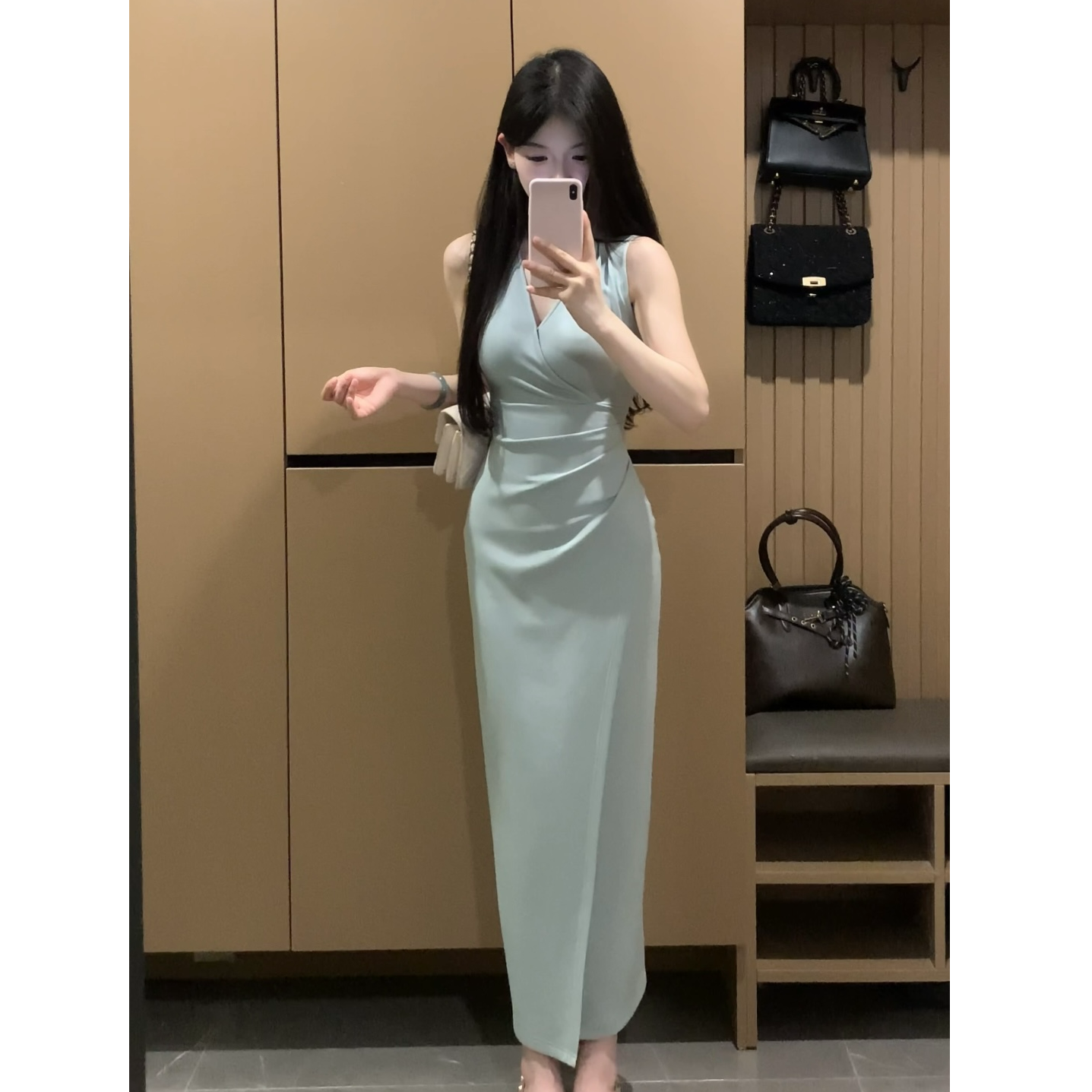 【曼妙身姿】夏季温柔气质空气层长裙修身显瘦无袖V领连衣裙XY-161