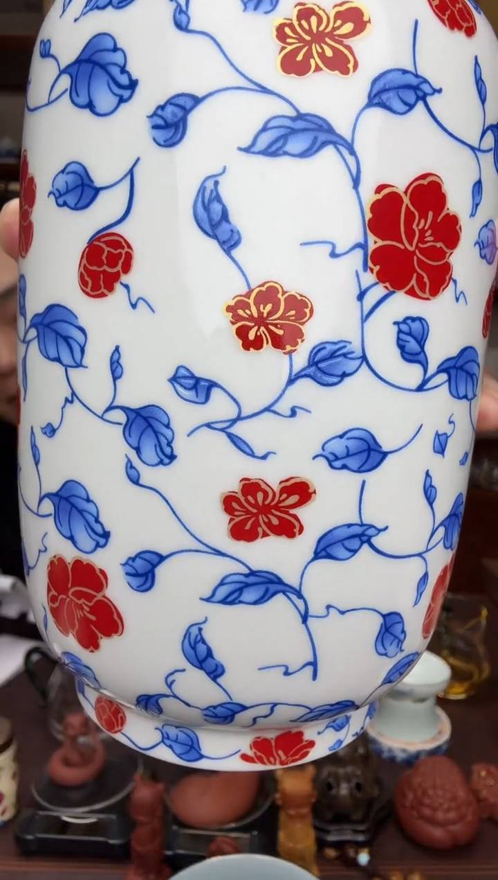 康*彩花满绘茶叶罐红一对