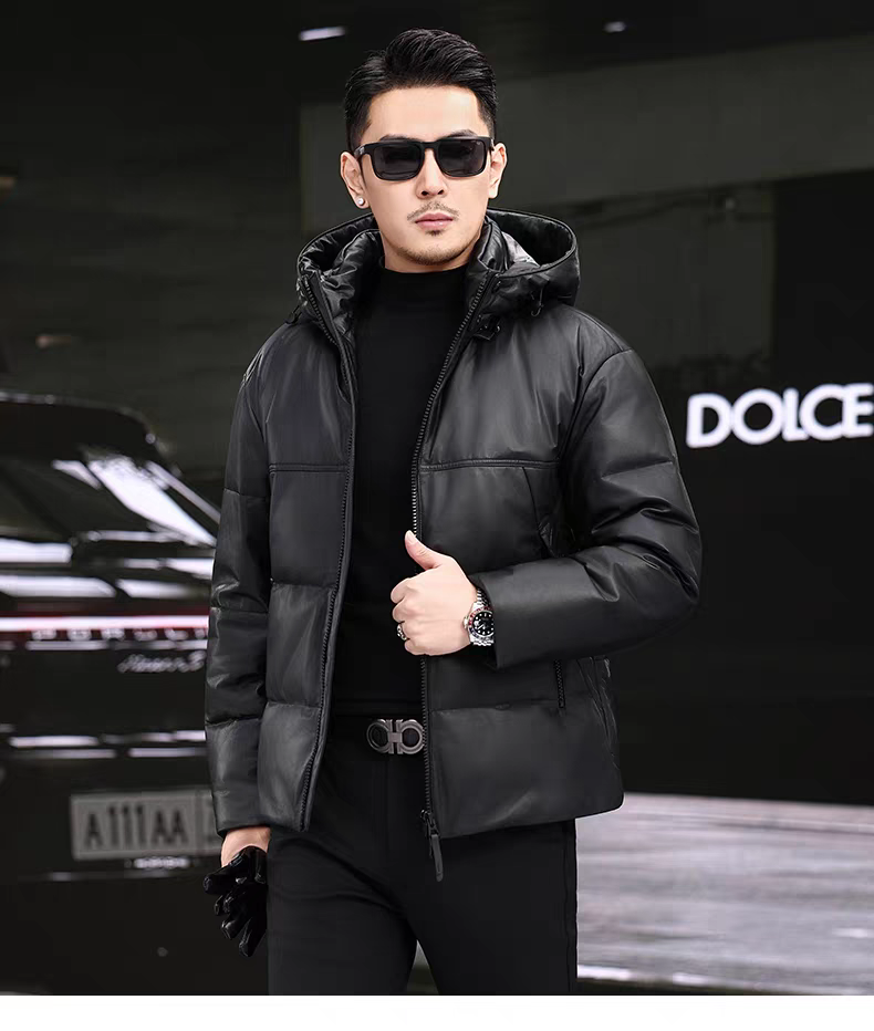 黑色男士休闲时尚保暖可脱卸帽子款鹅绒服防风抗寒冬季真皮皮衣