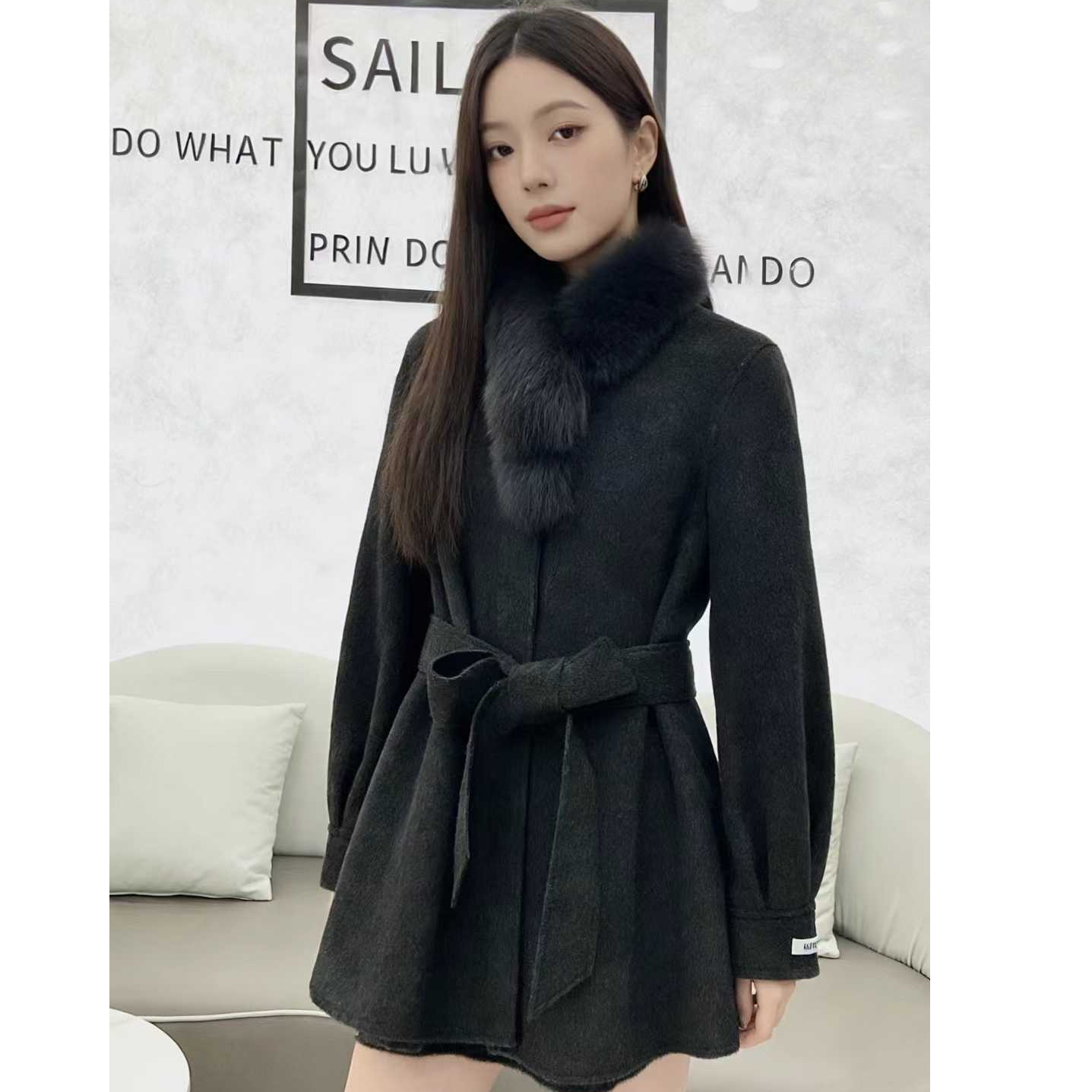 仿狐狸毛领双面羊毛大衣中长款秋冬季2025新款高端毛呢大衣1098