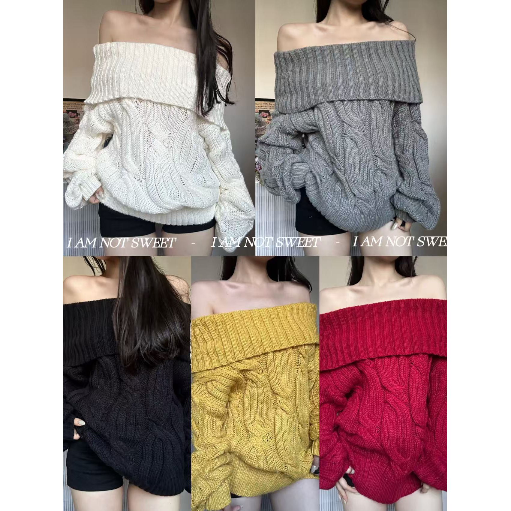 【花花不甜】人手一件大毛衣 秋冬温暖慵懒宽松一字肩百搭针织上衣