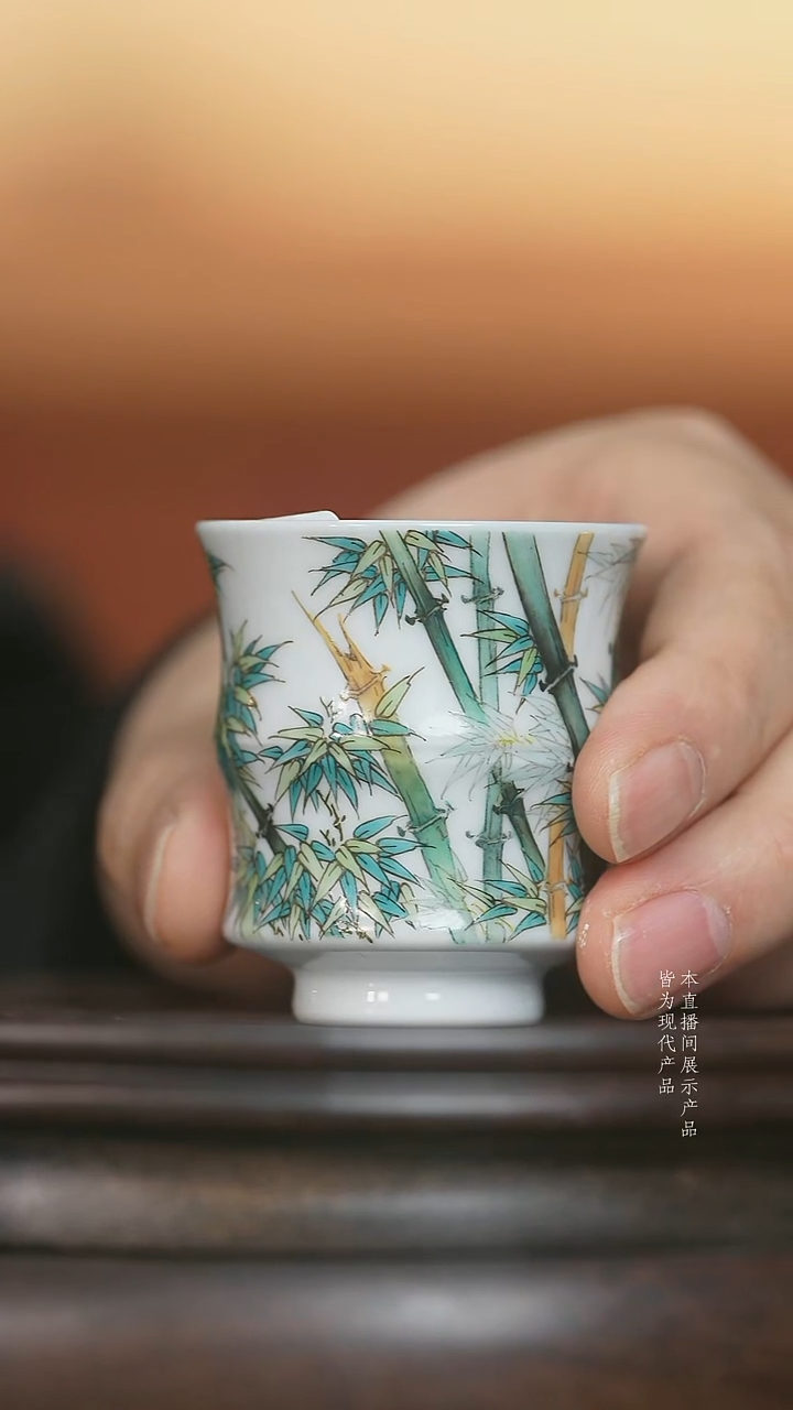 杯子陶瓷粉彩竹纹竹节小杯拍一发二