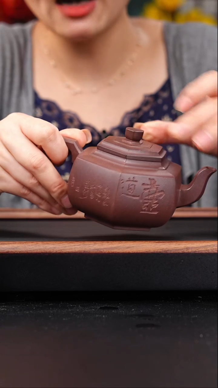 茶壶紫砂全手工底槽青六方雪华刻绘