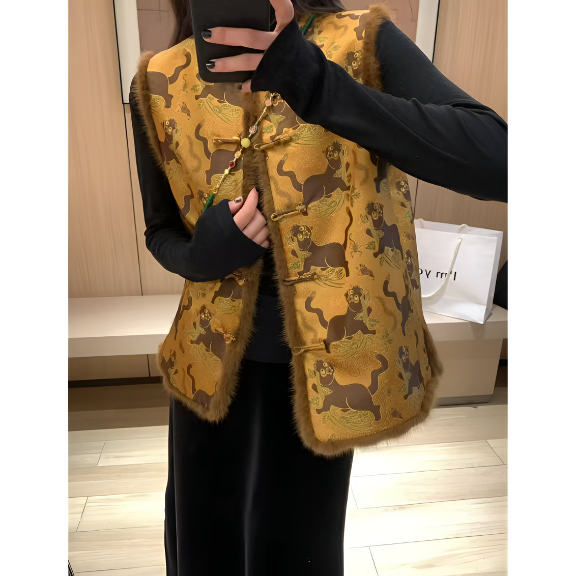 【惊鸿】100蚕丝夹棉新中式国风拼水貂毛宋锦提花马甲女洋气盘扣