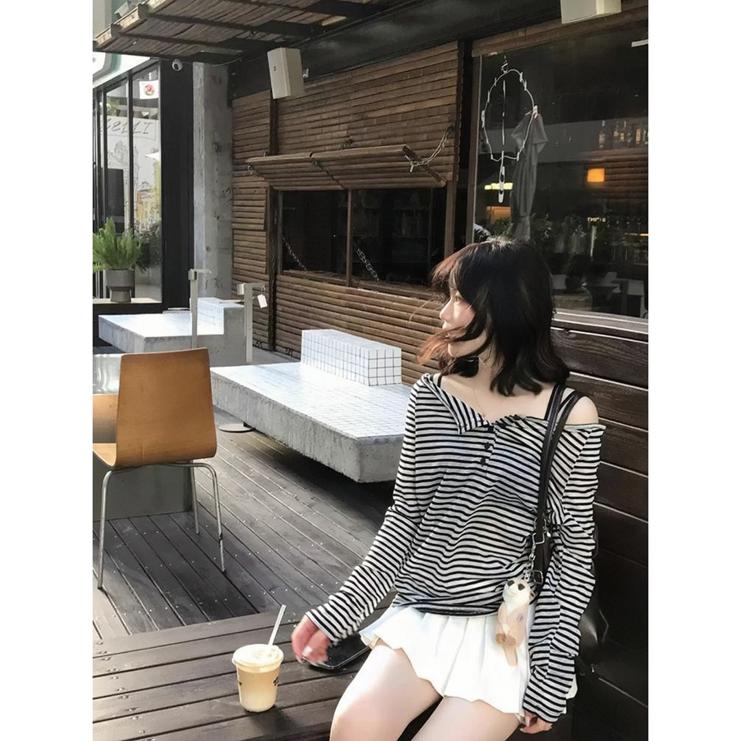 撞色条纹长袖t恤防晒罩衫女夏日宽松百搭显瘦辣妹露肩上衣服