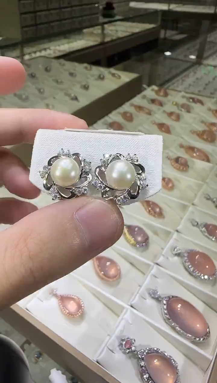 银S925镶嵌耳饰淡水珍珠耳钉8mm