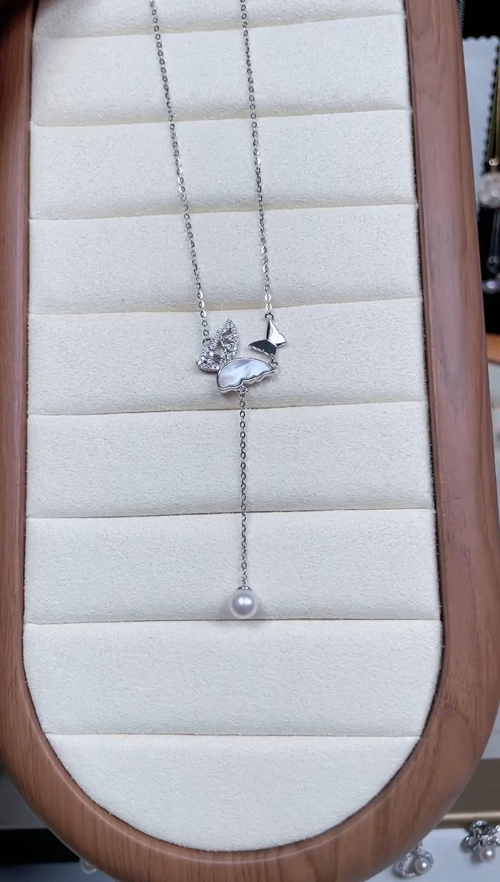 【闪购商品】海水珍珠颈饰银S925镶嵌海水珍珠双生蝴蝶套链