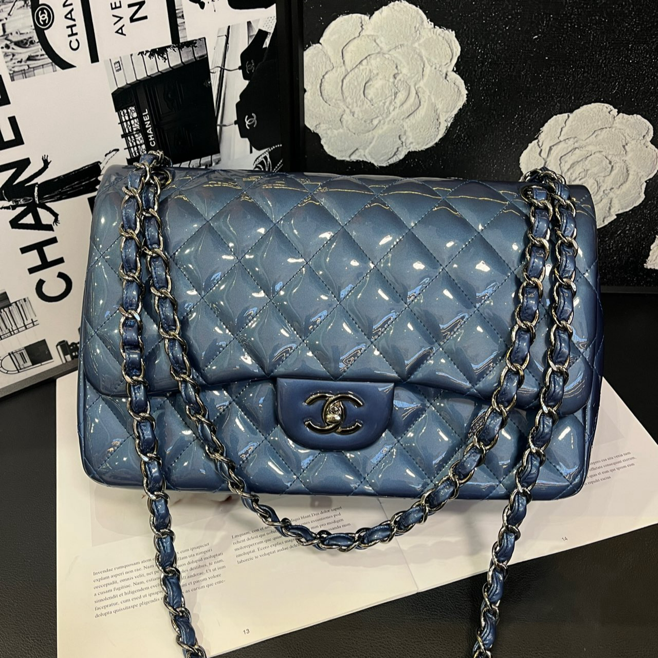 95新 Chanel/香奈儿 蓝银漆皮Jumbo斜挎包有标无卡17开13年B2080