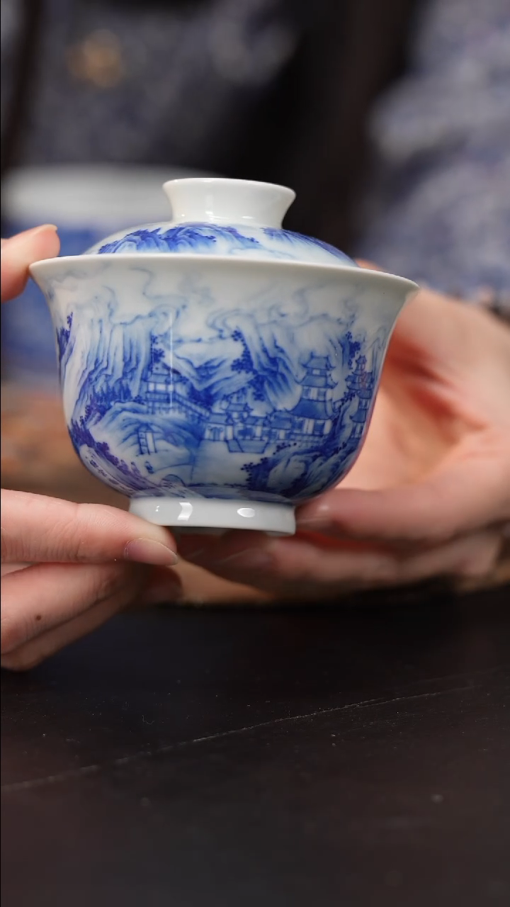 【闪购商品】杯看山柴窑青花山水盖碗