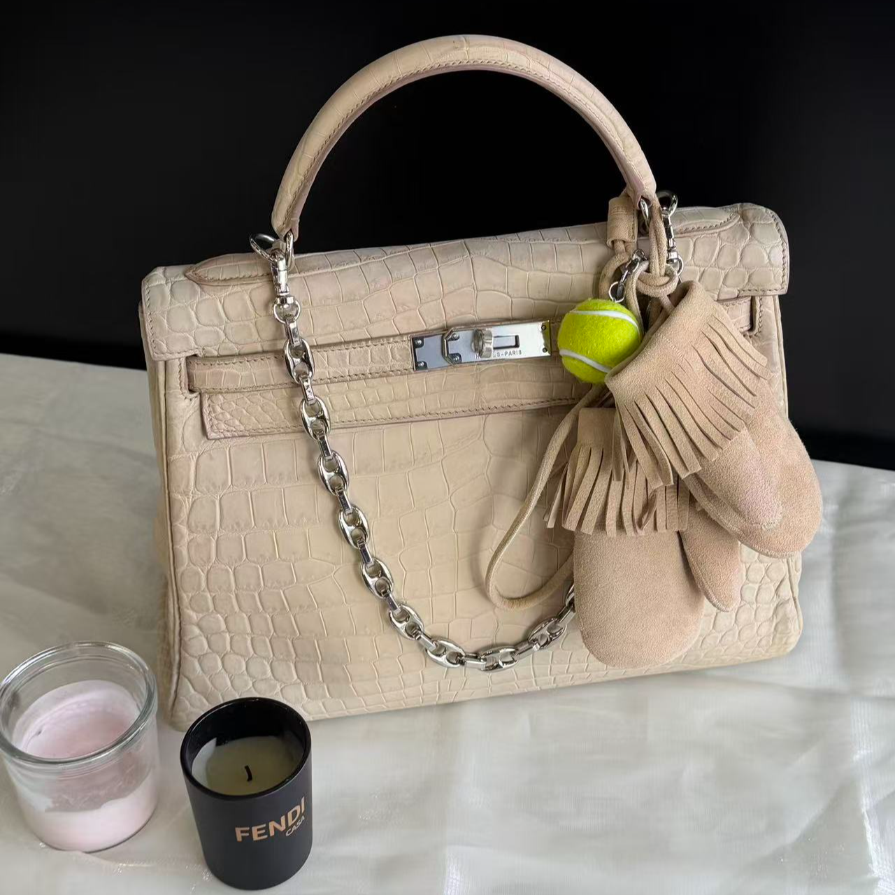 99新 Hermes/爱马仕 kelly32冰川白银扣 雾面两点鳄 框G刻