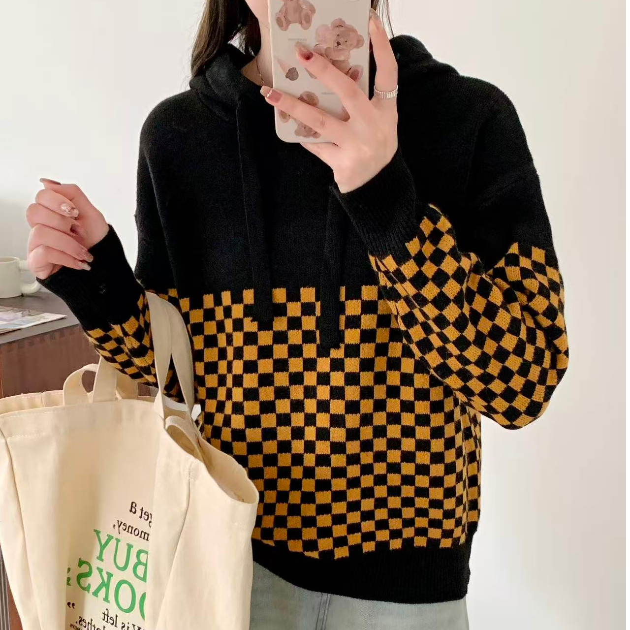 716#新款棋盘格套头连帽针织衫宽松休闲百搭13