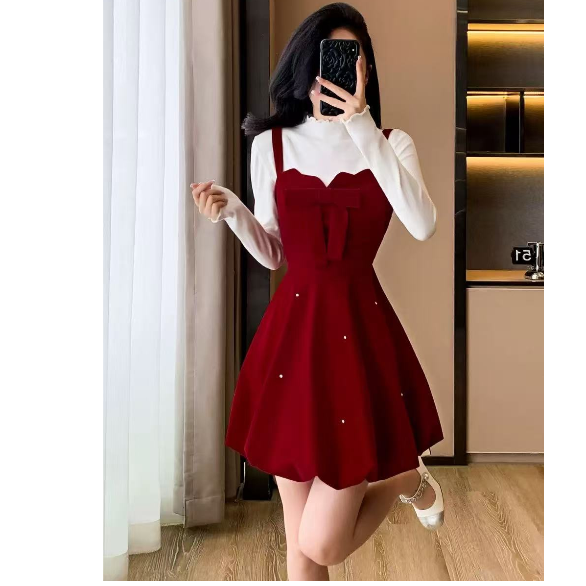 D25030绝美蝴蝶结吊带连衣裙女秋冬新款时尚气质公主裙两件套