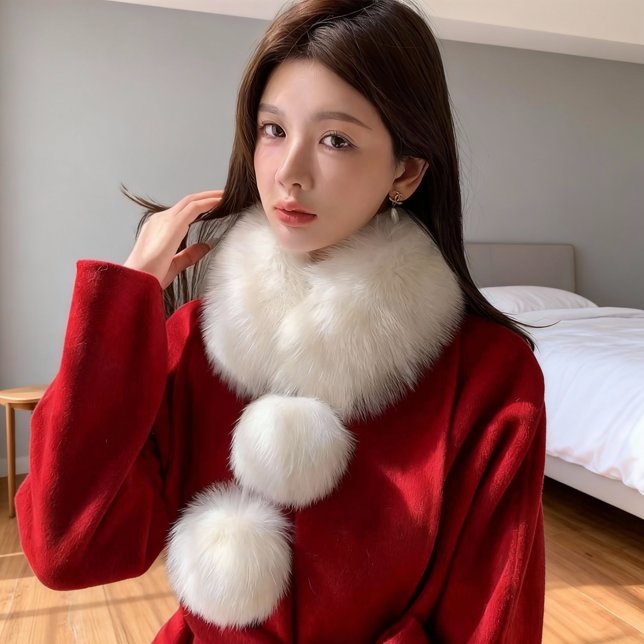 2026款仿狐狸毛围巾女冬韩版保暖百搭双球内衬皮草毛绒围脖毛绒领