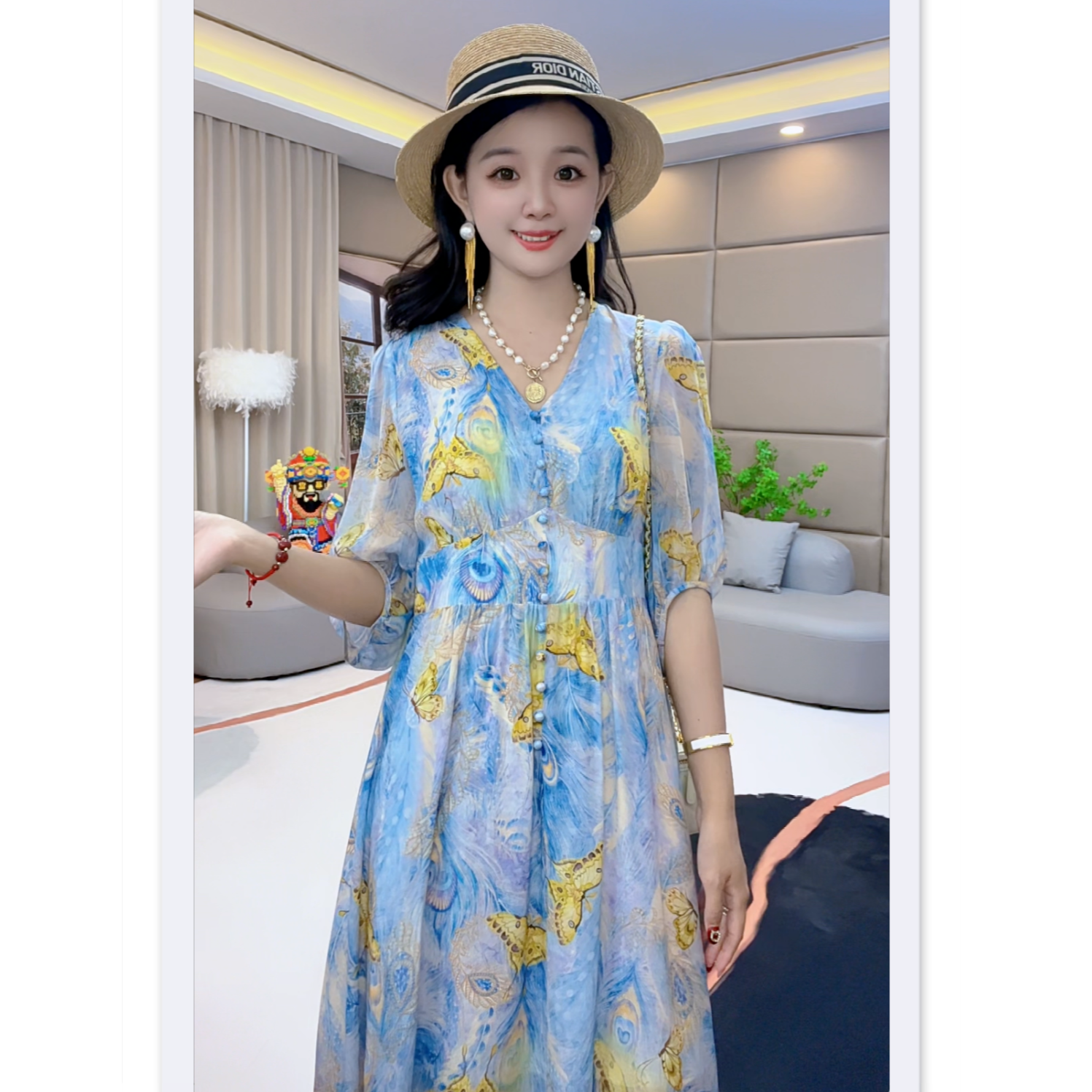 《暖暖推荐》“蝶翼凤羽”蓝色V领气质时尚印花桑蚕丝连衣裙 90501