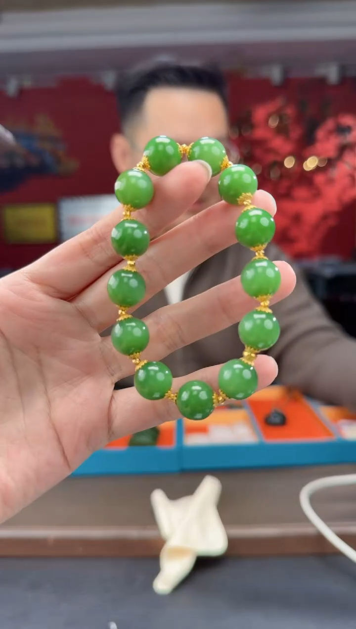 18K金镶嵌手串和田玉碧玉粉绿diy单圈手串