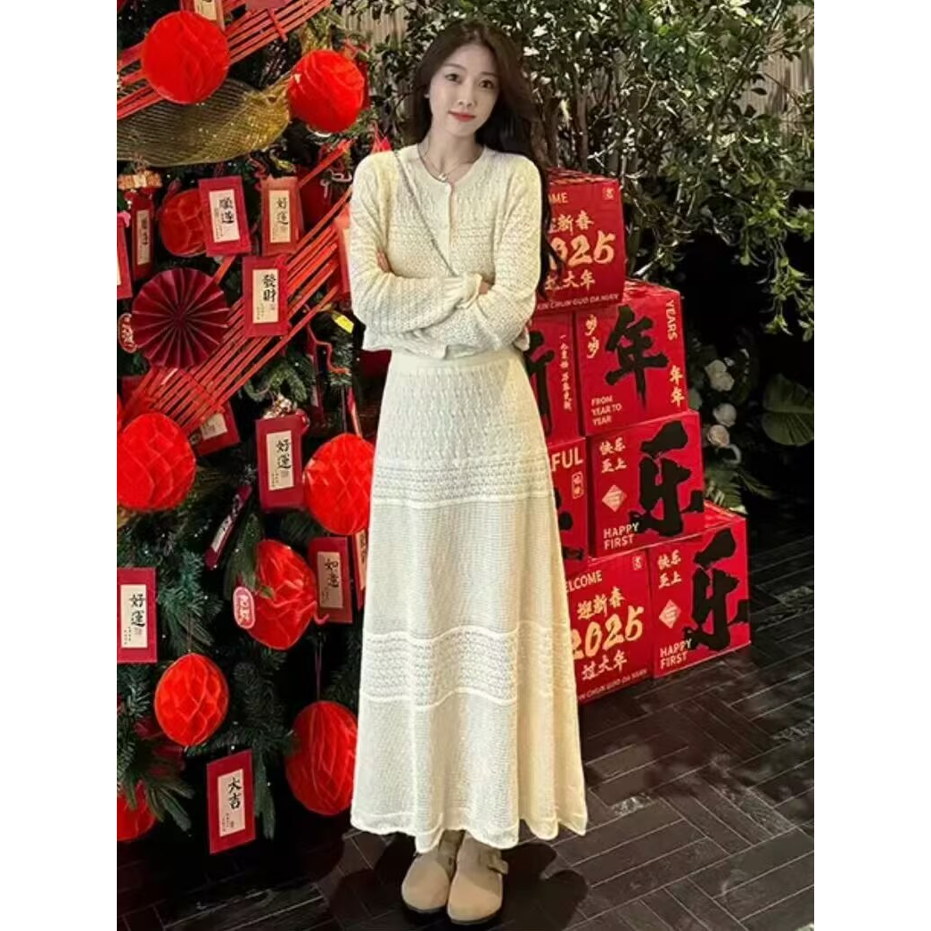 独特绝美入秋小套装小香风名媛气质镂空钩花针织开衫半身裙两件套
