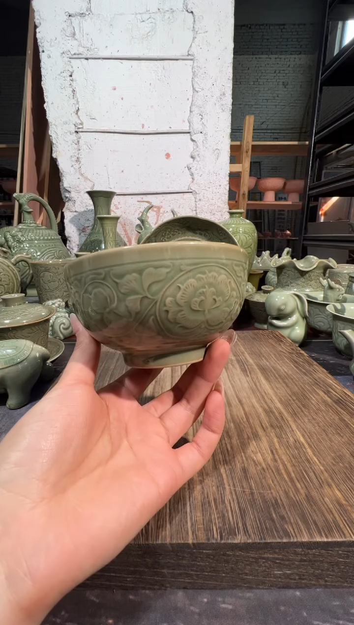 冰*耀州窑牡丹4.7寸碗一只