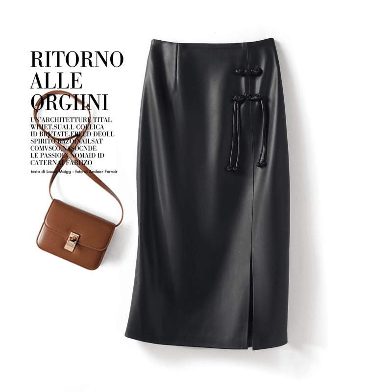 海宁纯皮皮裙中长裙高腰中国风包臀裙