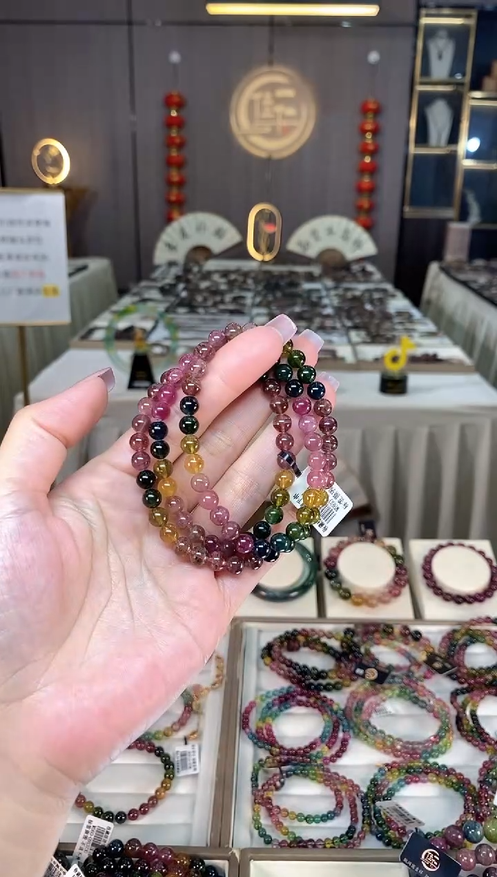 未镶嵌冰透体老矿碧玺彩虹三圈手串6mm+碧玺hon多样性发一条