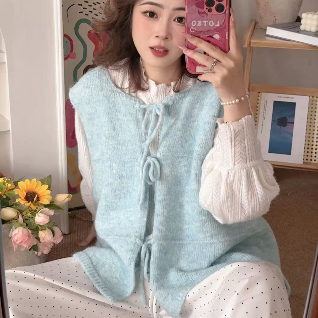 大码针织衫马甲女2025秋冬新款系带式背心显瘦宽松针织毛衣女