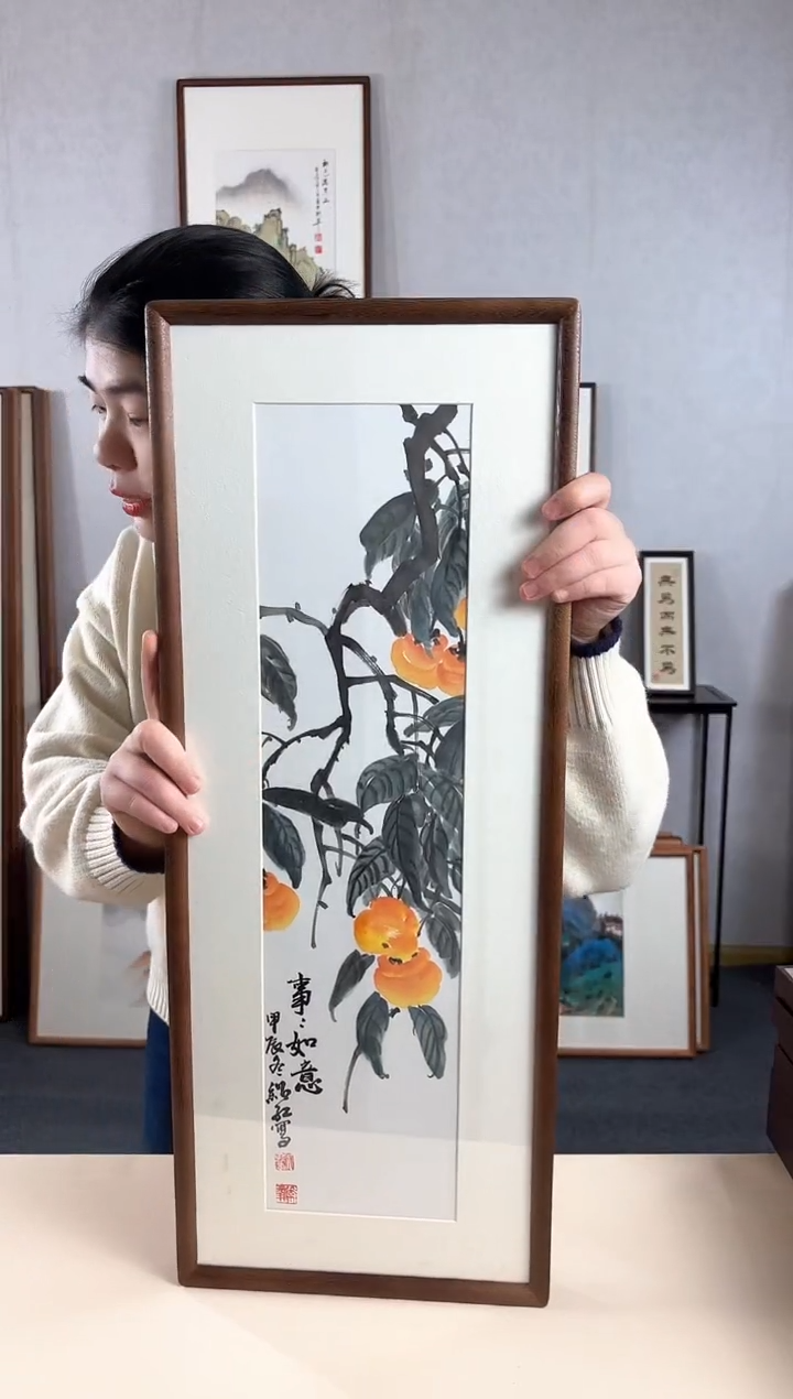 【闪购商品】国画手绘*柿柿如意*28*72cm实木框