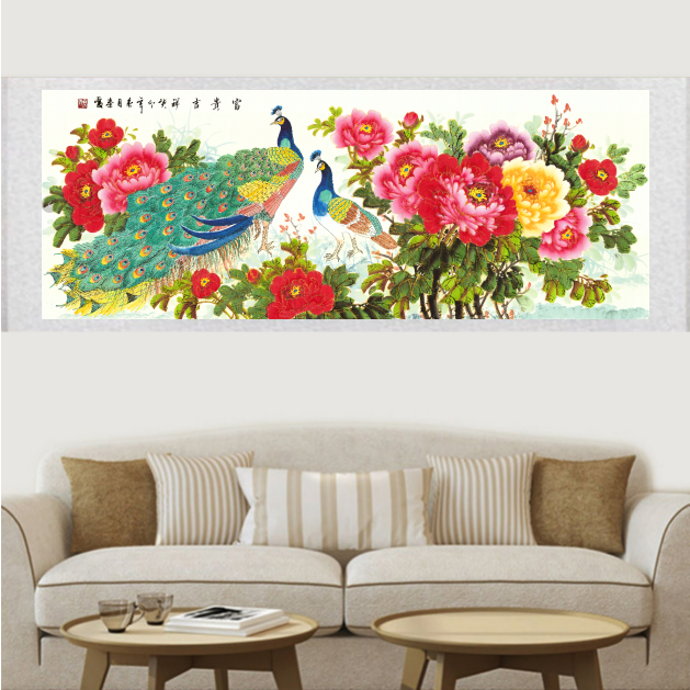 【孔雀富贵吉祥】六尺新中式横幅卷轴挂画客厅沙发背景墙挂画
