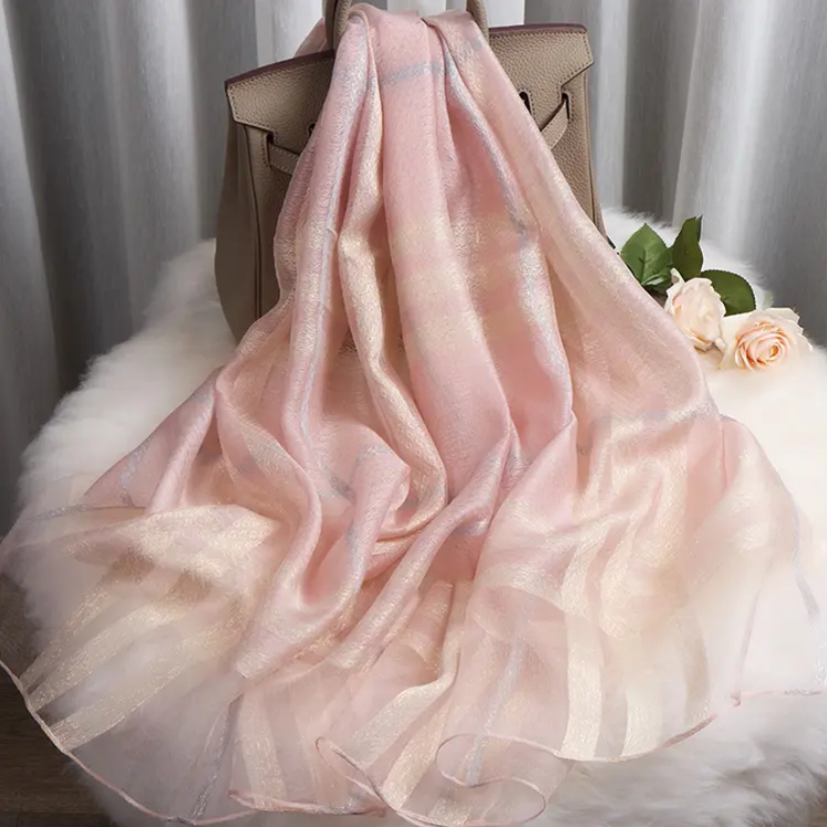 C147 粉色 八格子 蚕丝羊毛围巾丝巾披肩通用75*175