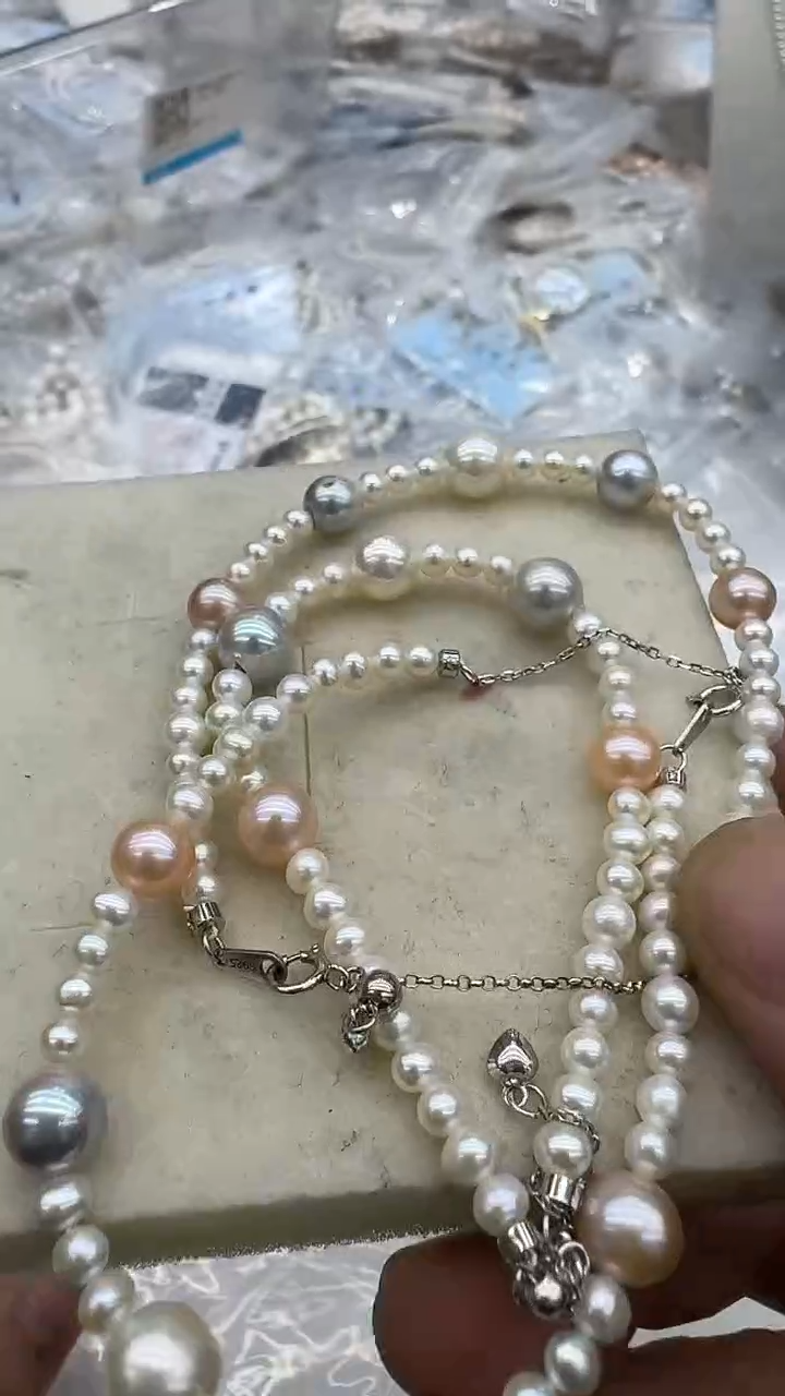 银S925镶嵌手链海水珍珠4-8mm 混彩糖果爱心尾-孤品