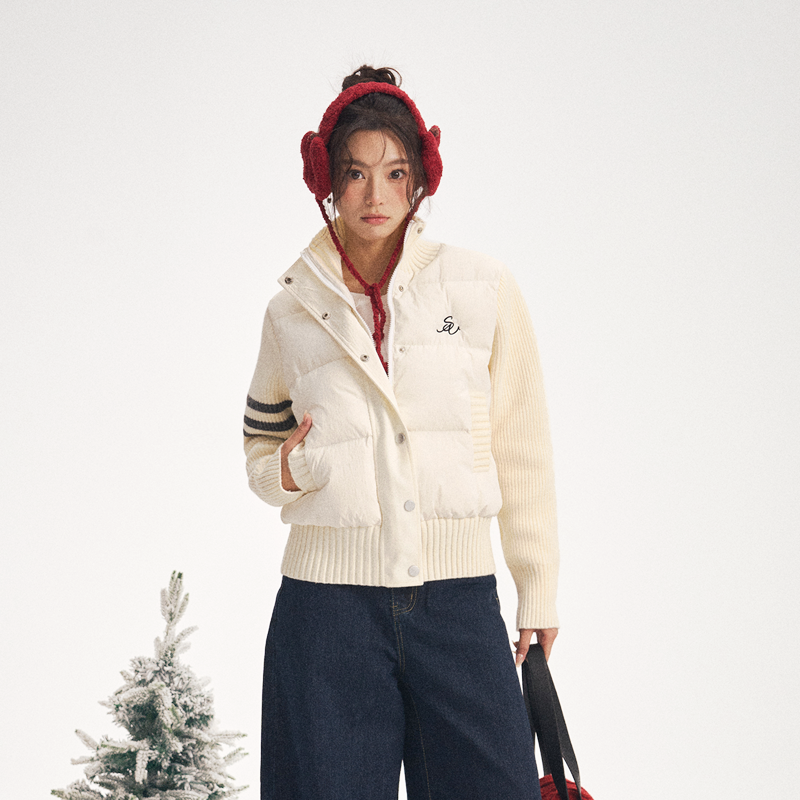 iNSLiiSA毛织拼接外套女羽棉小众韩系白色2024秋冬新款小个上衣