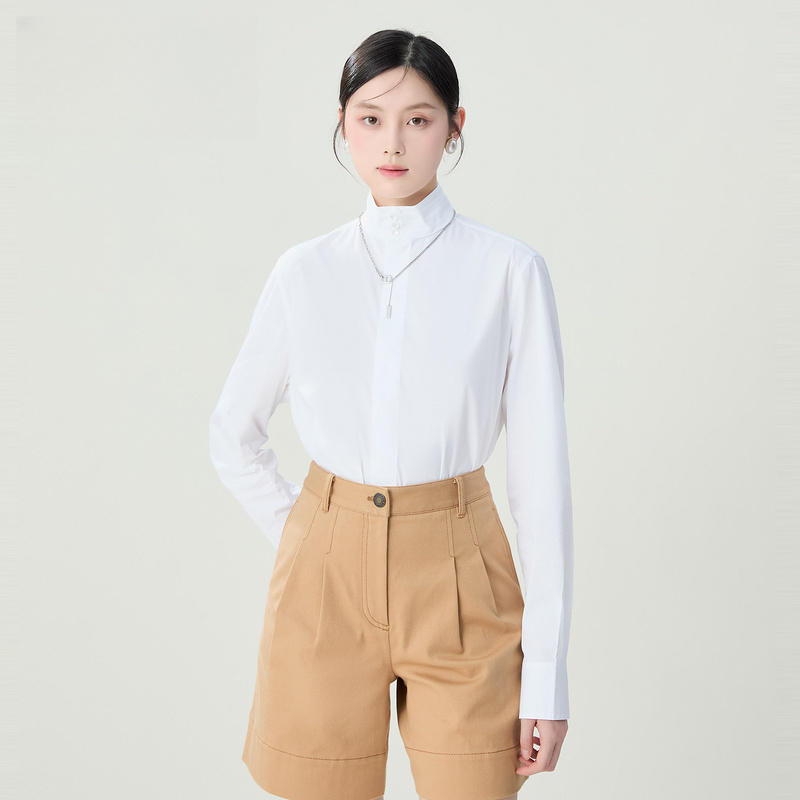 哥弟品质女装新款时尚新中式立领宽松落肩H型简约气质衬衫1301040