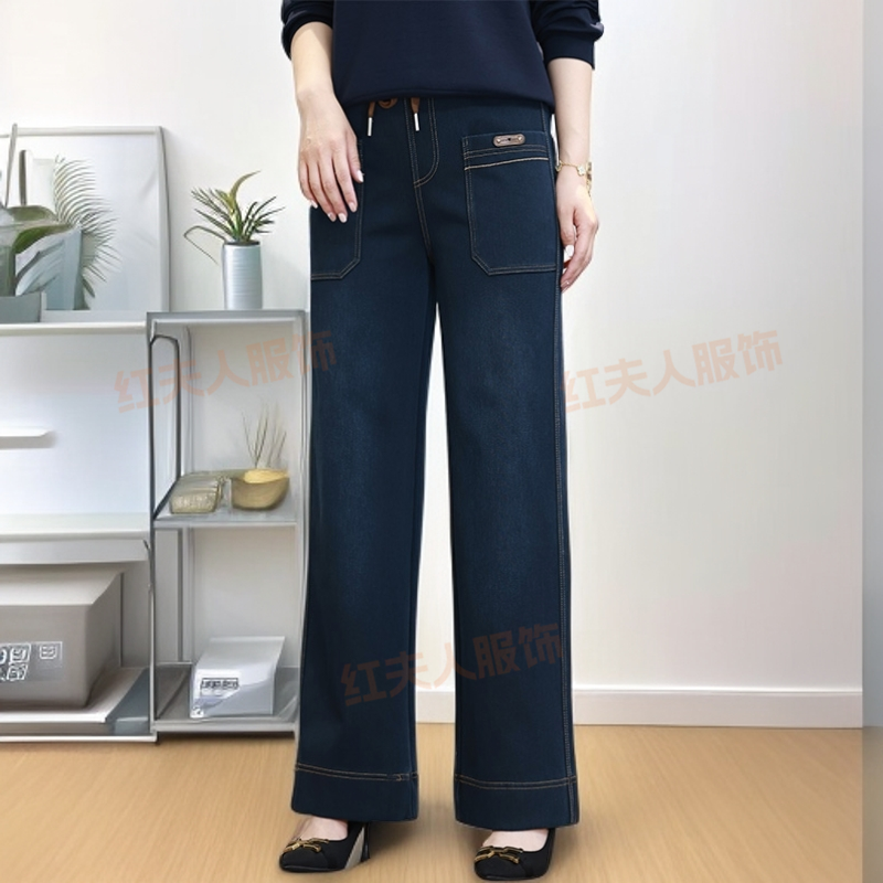 秋季新款牛仔裤高腰直筒裤百搭宽松弹力休闲裤外穿纯色中老年女裤