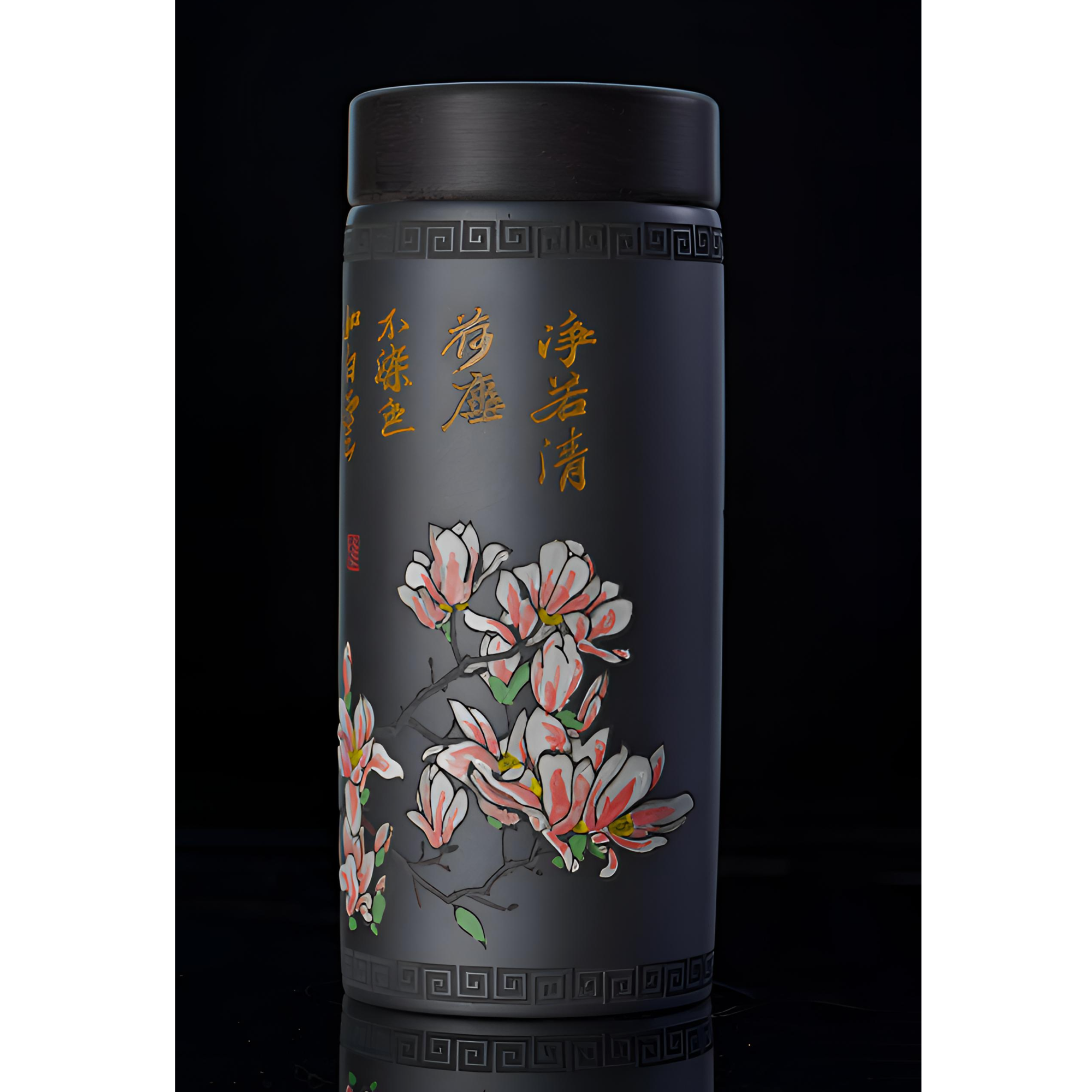 玉兰杯 石黄刻绘玉兰花图案双层紫砂直筒车载便携杯
