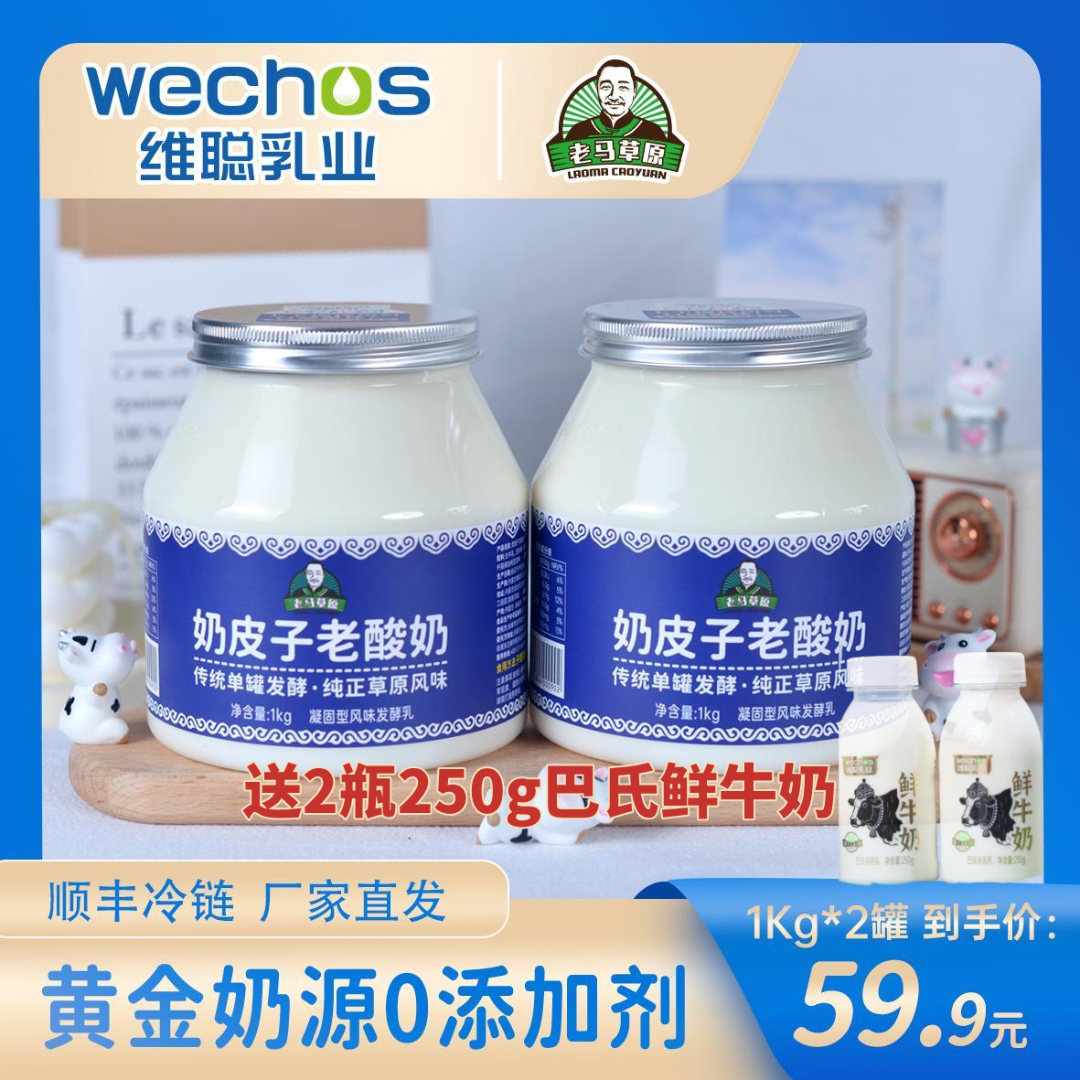 老马草原内蒙古奶皮子老酸奶1KG*2桶 送2瓶200g鲜奶 顺丰包邮