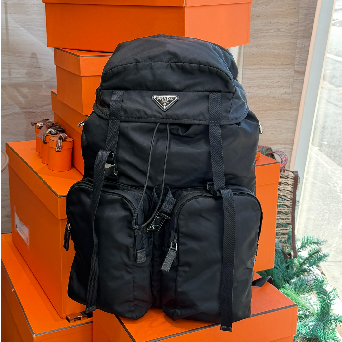 95新 Prada/普拉达 登山大号双肩包黑色尼龙三角标logo/159289