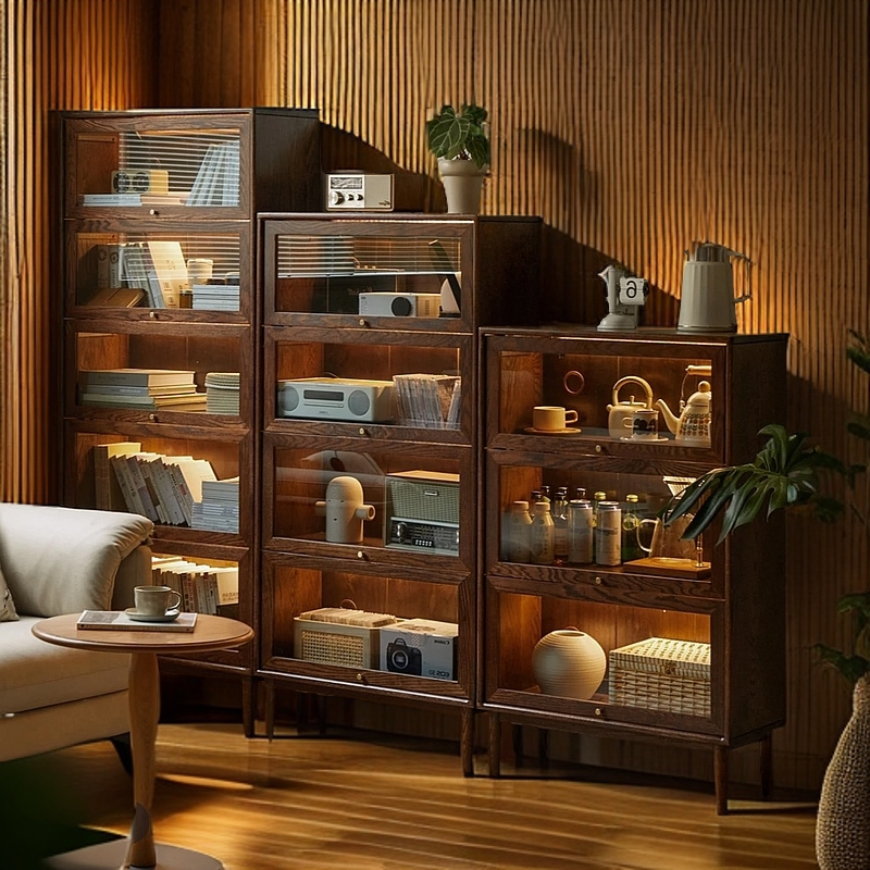 【百轩居】北美黑胡桃实木新中式带灯书柜客厅落地防尘玻璃书架光影