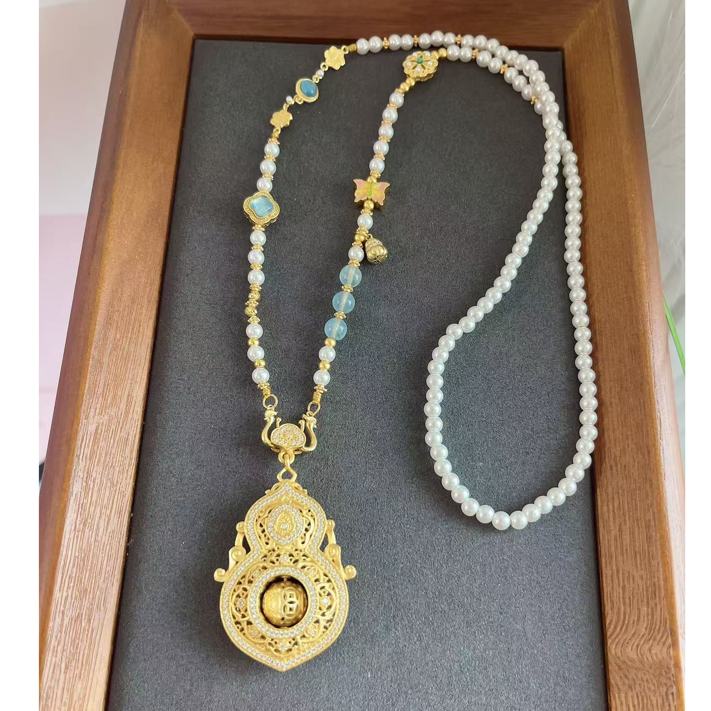 吊坠足银 足银金色人生四美葫芦吊坠古法镶嵌转动款福禄寿吊坠 