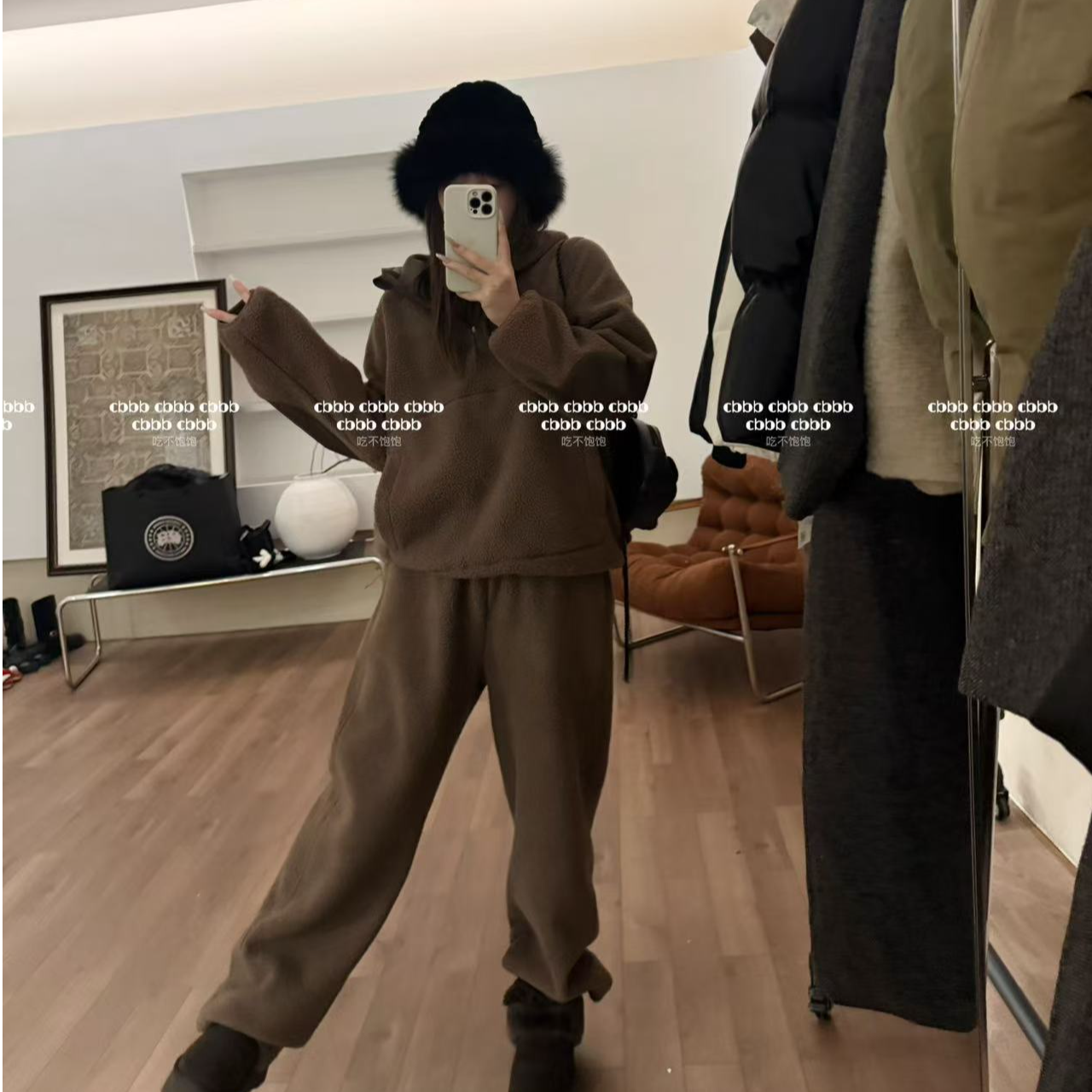 【吃不饱饱】大码 咖啡奶糕 双面羊羔绒秋冬连帽卫衣卫裤套装211