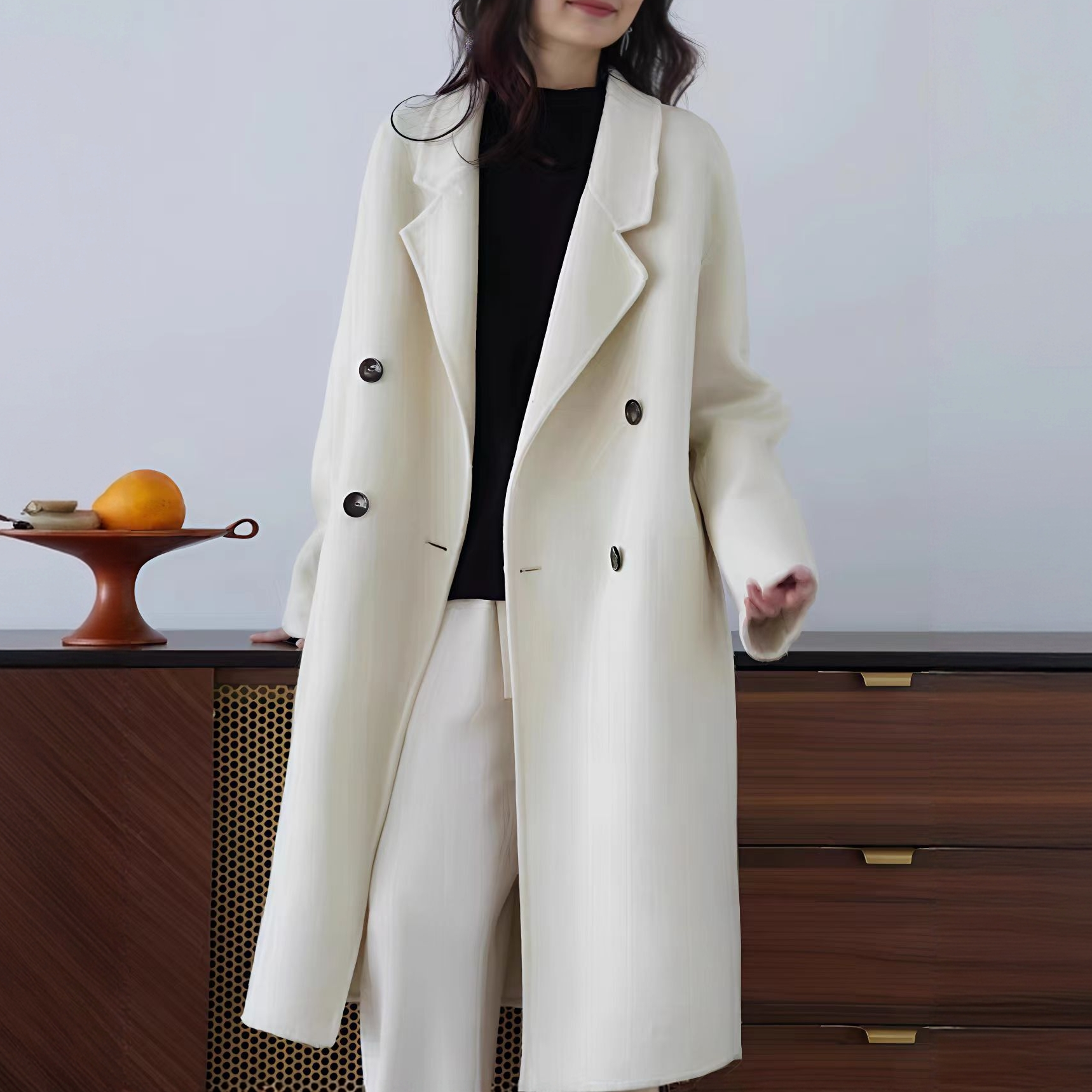 [依易原创]气质秋冬经典慵懒风廓形极简白色中长款毛呢外套E0610