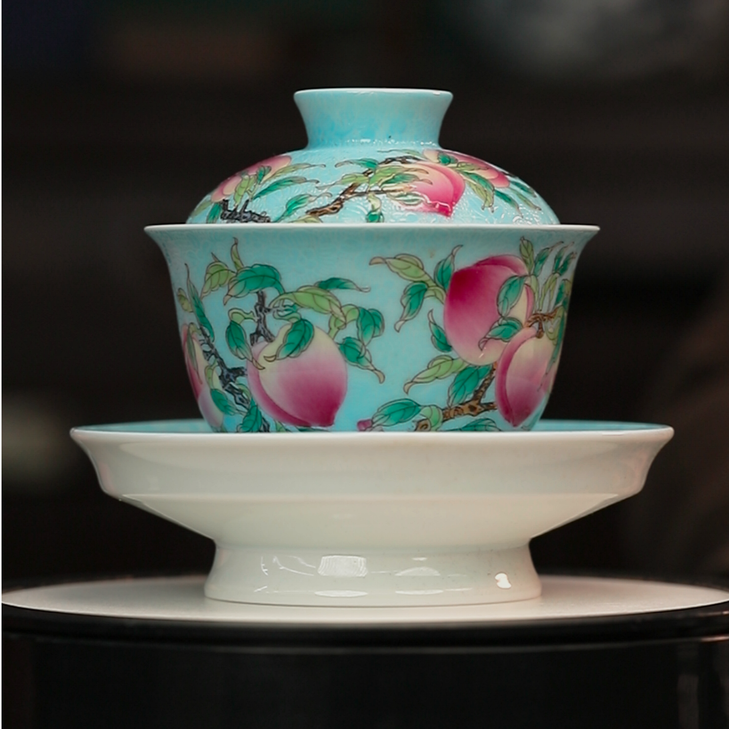 12.21/G1640/李祖华/祖风窑/扒花珐琅彩桃子三才盖碗